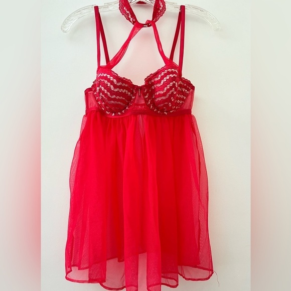 Victoria's Secret Other - Victoria’s Secret Lingerie Babydoll Nightie Fuschia Red Lace Crochet Bust 34B